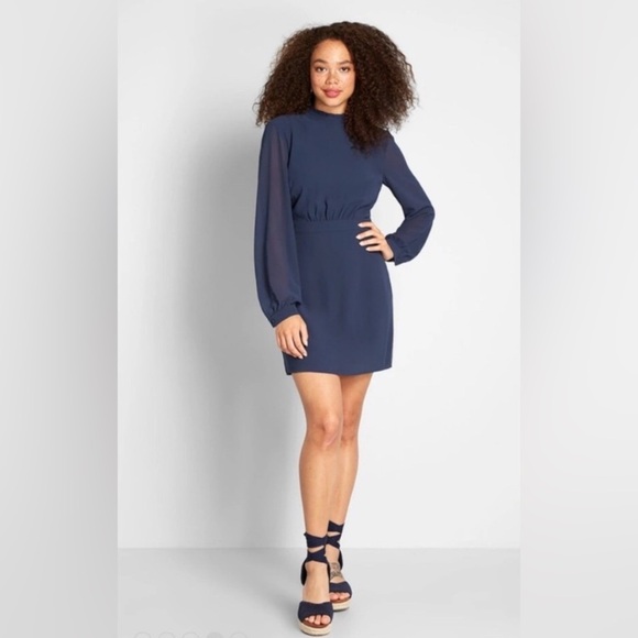ModCloth NWT Navy Blue Mock Neck Key Hole Back chiffon Mini Dress Size 8 preppy - Picture 1 of 16